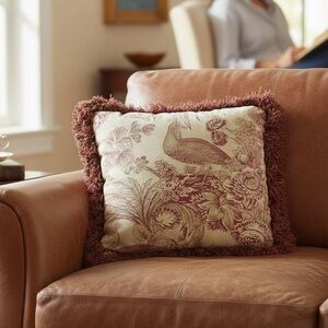 Burgundy Red Toile Throw Pillow Fringe Trim French Country Moody Life